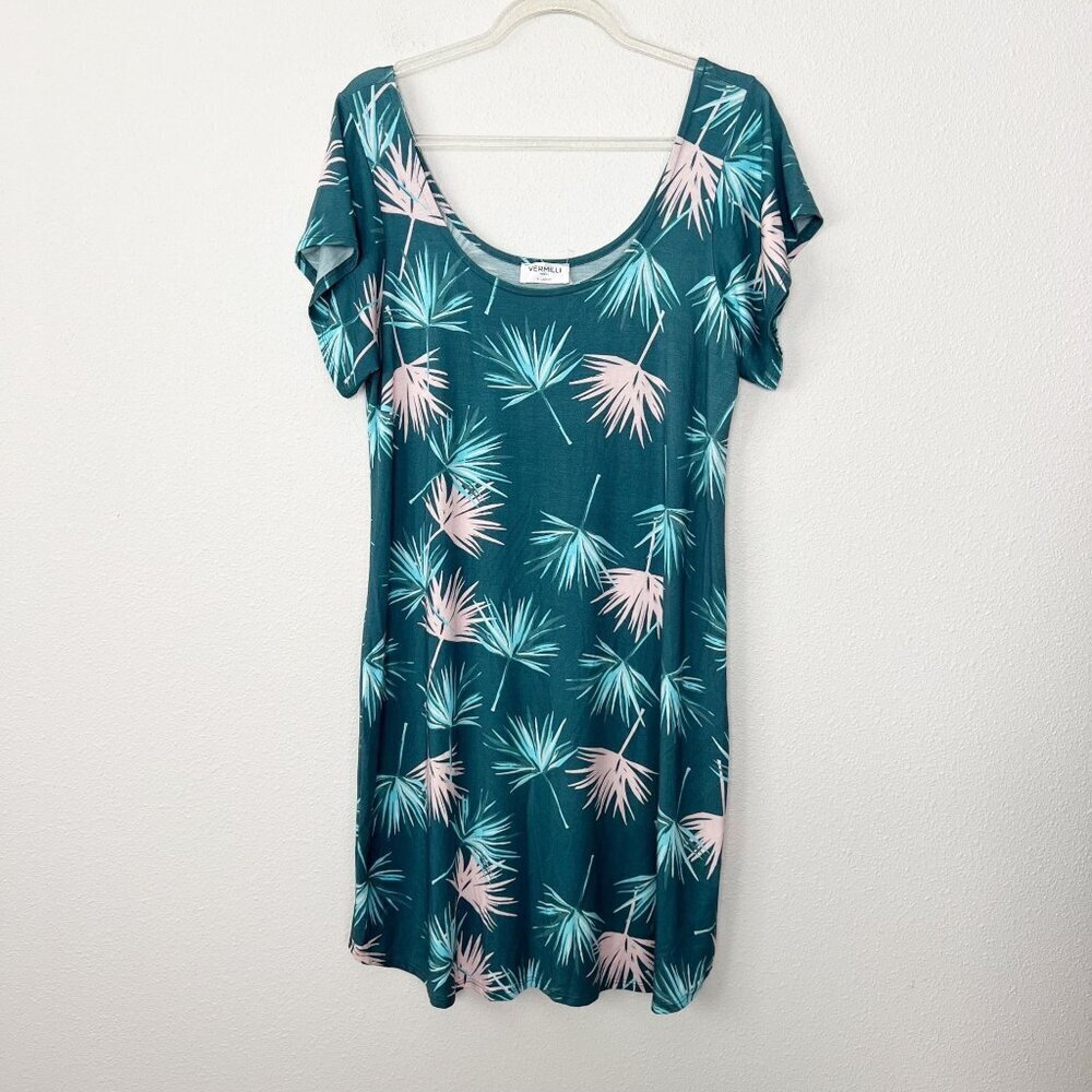 Vermilli Hawaii Island Seas Palm Print Short Sleeve Swing Dress